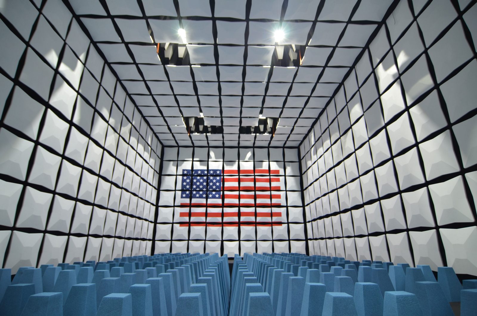 Empty RF anechoic test chamber lined with absorber cones